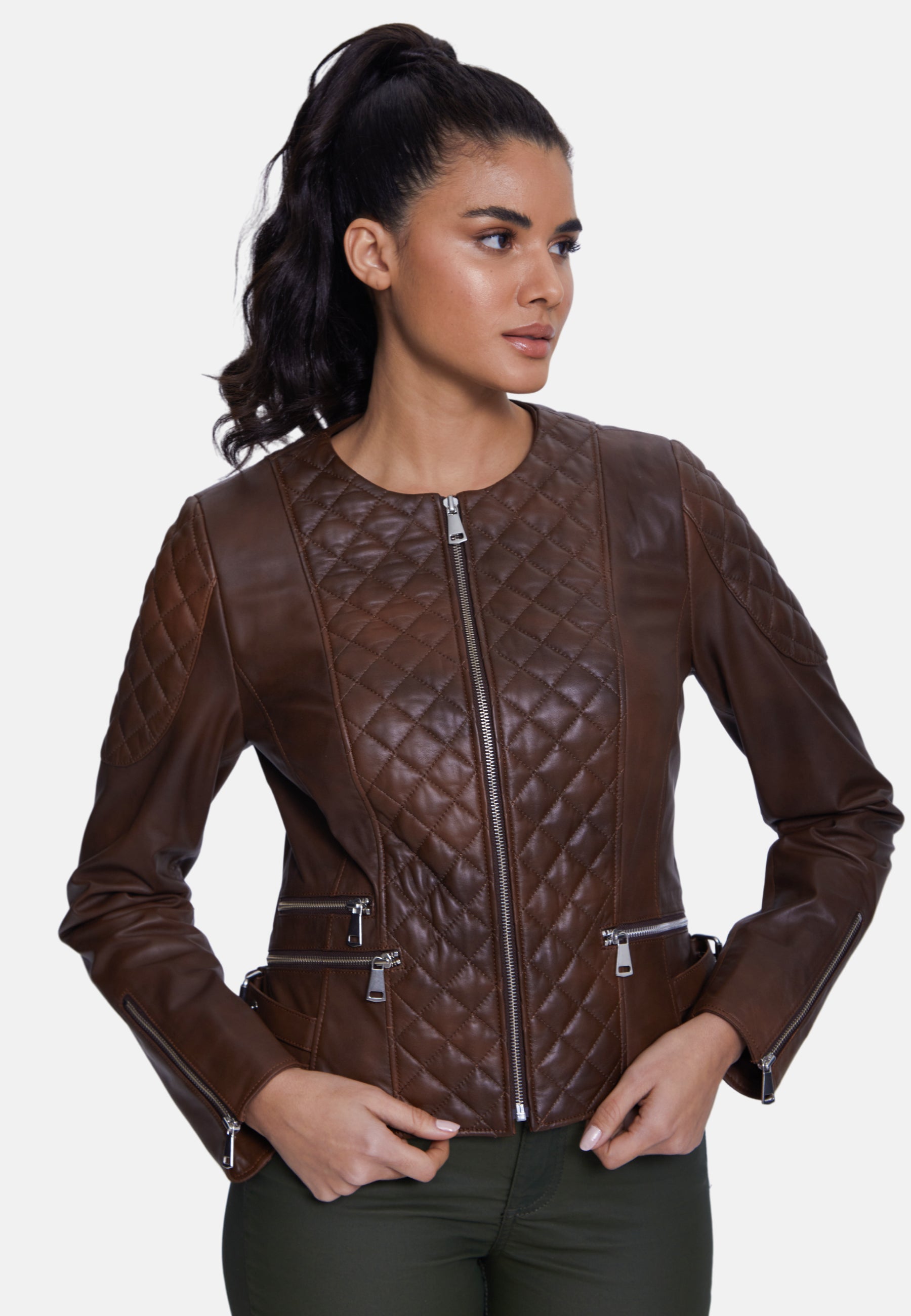 Genuine Leather Quilted Biker Jacket, Whiskey