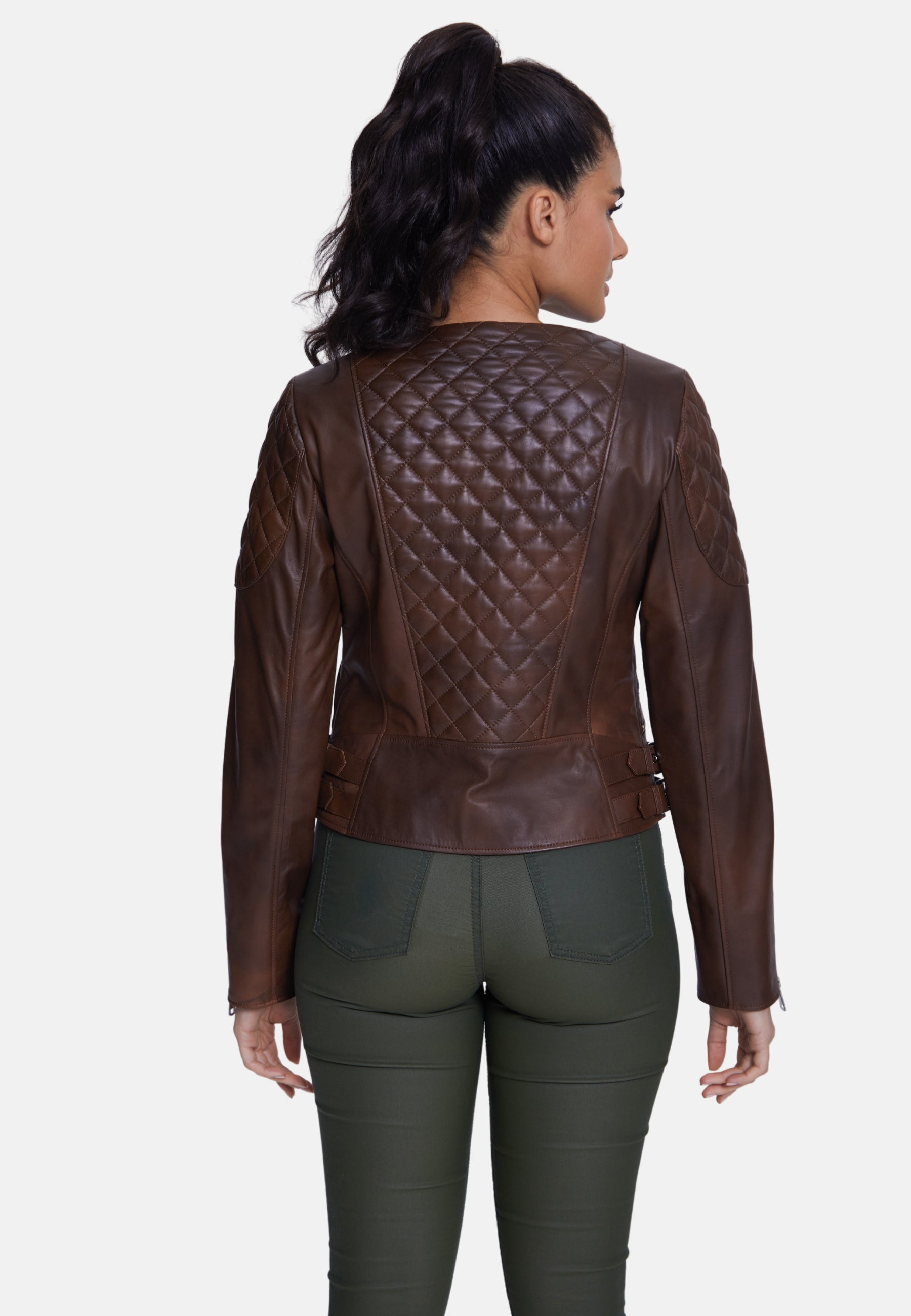 Genuine Leather Quilted Biker Jacket, Whiskey