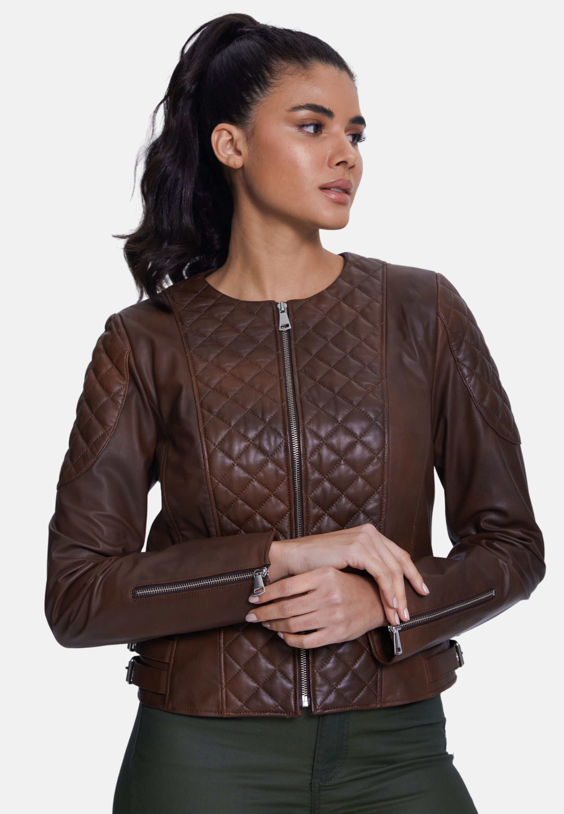 Genuine Leather Quilted Biker Jacket, Whiskey