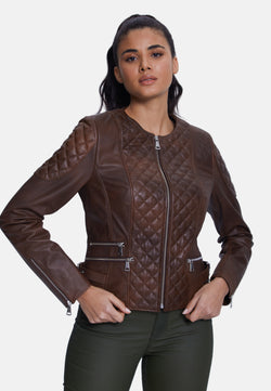 Image of Genuine Leather Quilted Biker Jacket, Whiskey