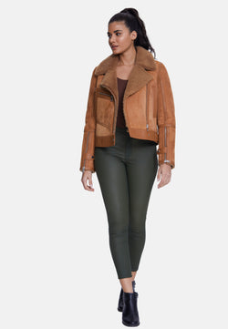 Image of Elegant Suede Jacket, Suede Brick With Camel Curly Wool