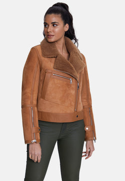 Image of Elegant Suede Jacket, Suede Brick With Camel Curly Wool