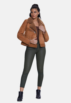 Image of Elegant Suede Jacket, Suede Brick With Camel Curly Wool