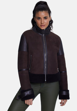 Image of Women's fashion jacket, suede brown with brown curly wool