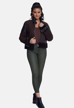 Image of Women's fashion jacket, suede brown with brown curly wool