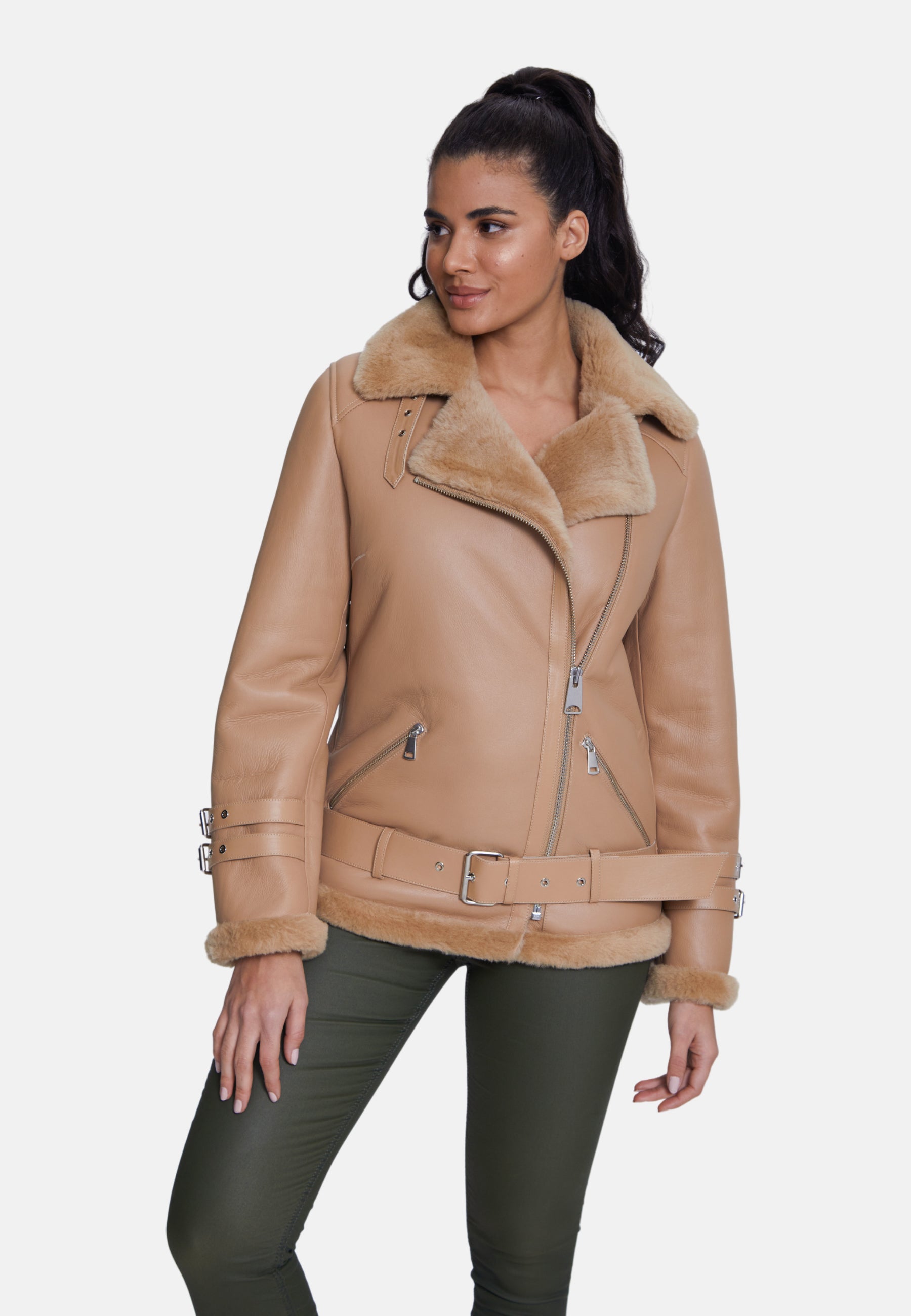 Women's Shearling Belted Biker Jacket, Silky Caramel with Caramel Wool