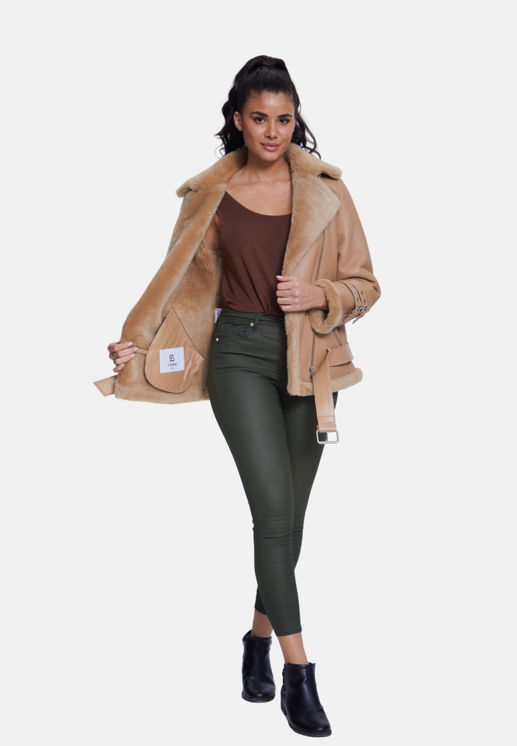 Women's Shearling Belted Biker Jacket, Silky Caramel with Caramel Wool