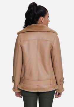 Image of Women's Shearling Belted Biker Jacket, Silky Caramel with Caramel Wool