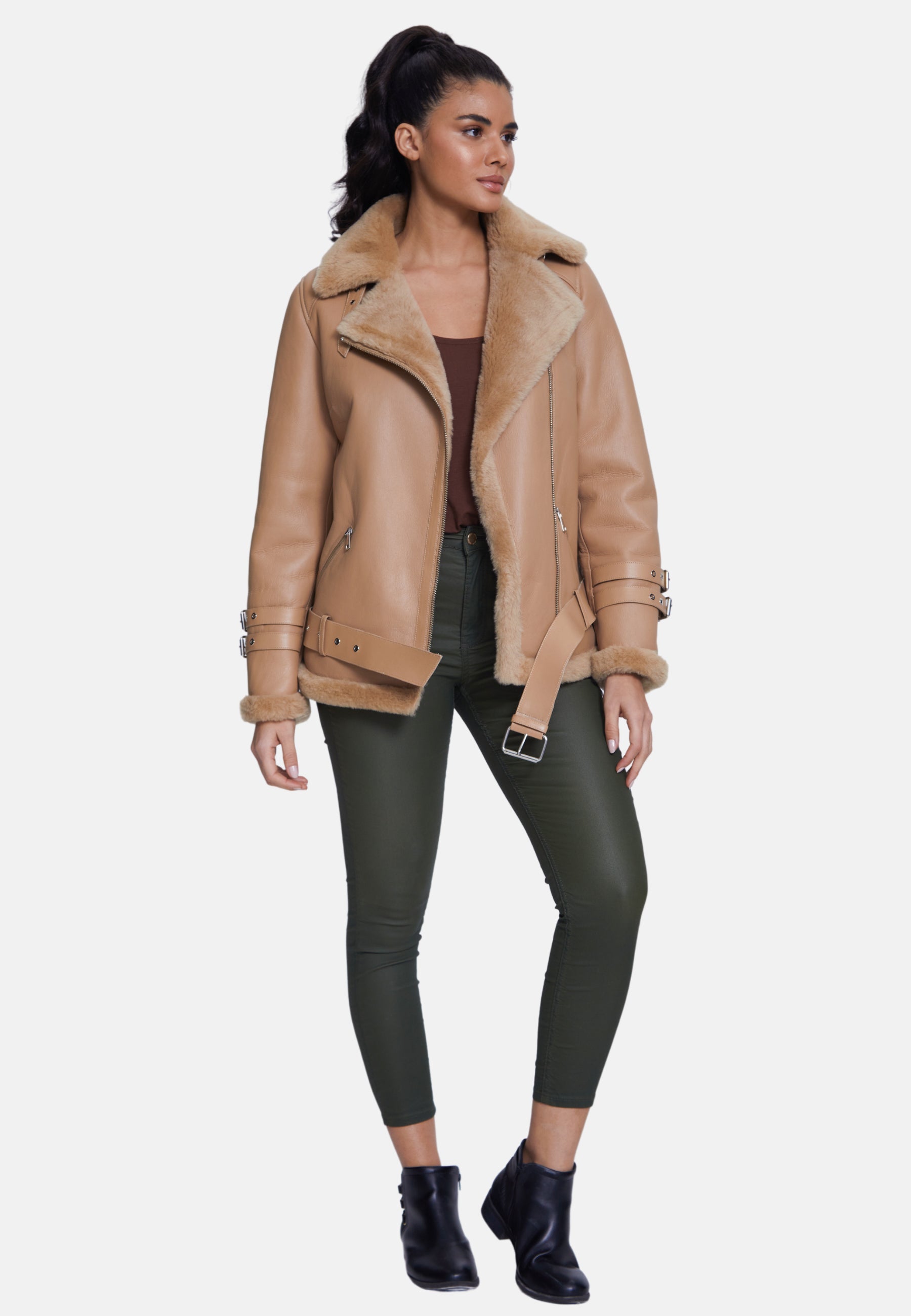 Women's Shearling Belted Biker Jacket, Silky Caramel with Caramel Wool