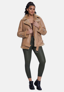 Image of Women's Shearling Belted Biker Jacket, Silky Caramel with Caramel Wool