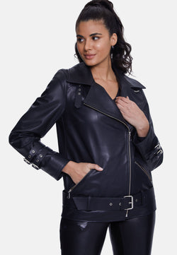 Image of Women's Genuine Leather Belted Biker Jacket,Nappa Black