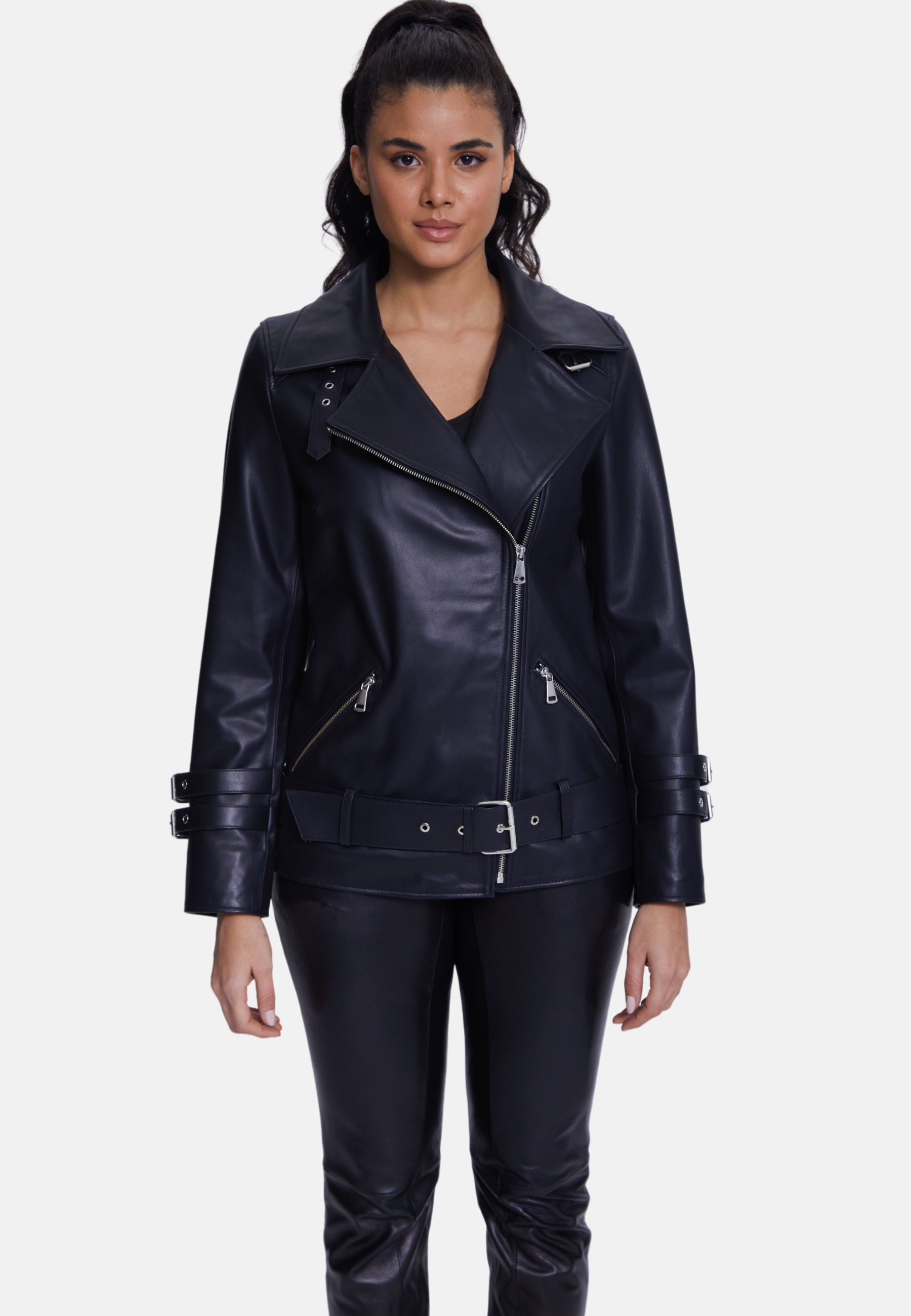 Women's Genuine Leather Belted Biker Jacket,Nappa Black