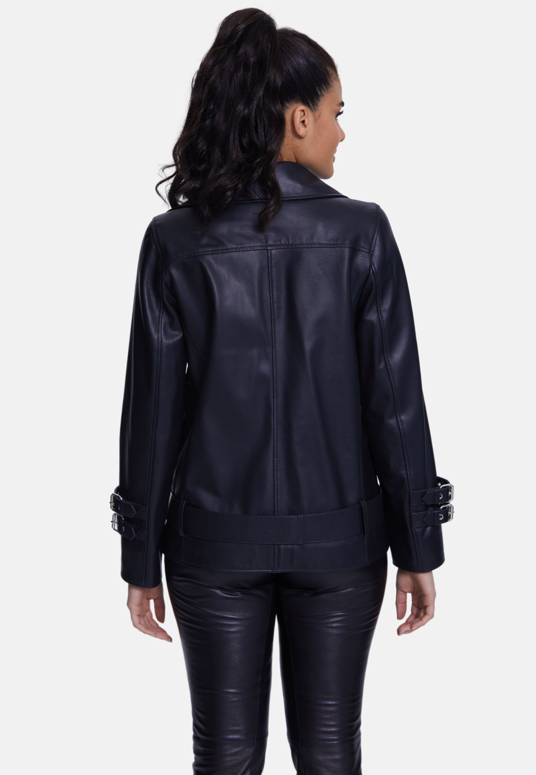 Women's Genuine Leather Belted Biker Jacket,Nappa Black