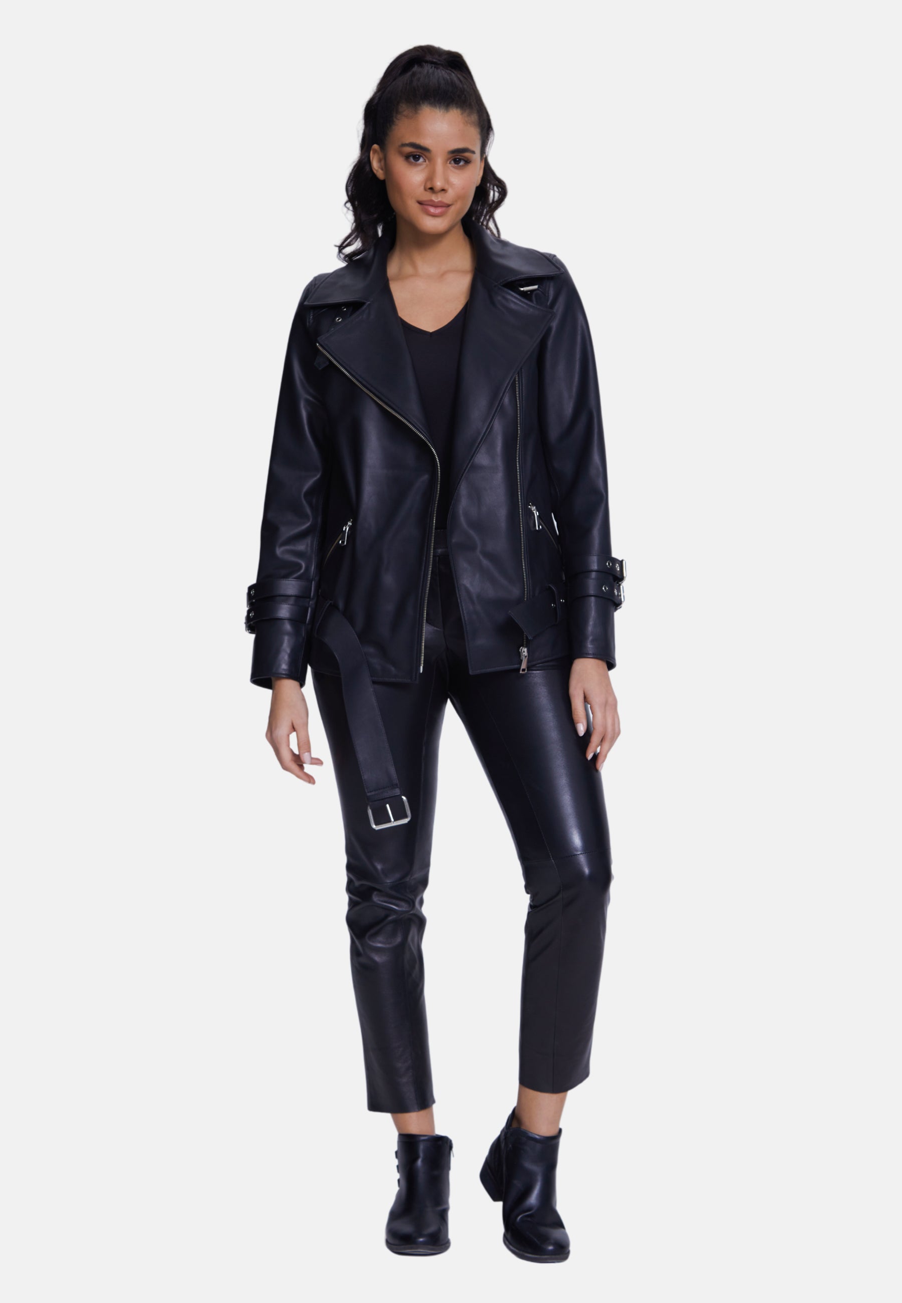 Women's Genuine Leather Belted Biker Jacket,Nappa Black