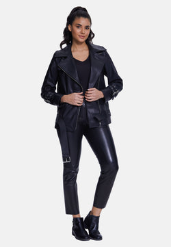 Image of Women's Genuine Leather Belted Biker Jacket,Nappa Black