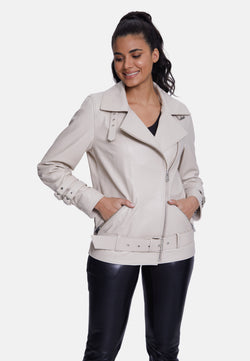 Image of Women's Genuine Leather Belted Biker Jacket,Nappa Beige