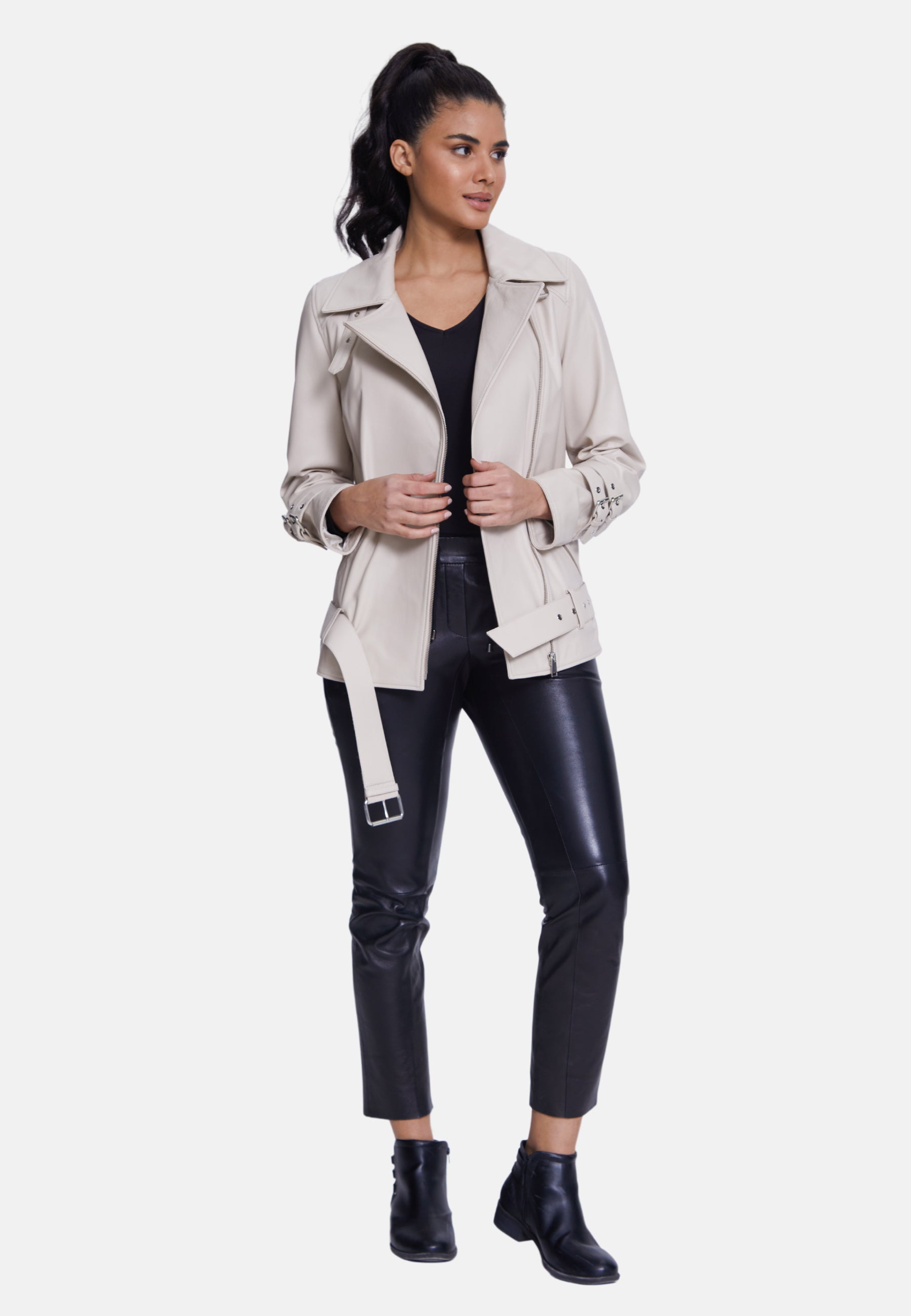 Women's Genuine Leather Belted Biker Jacket,Nappa Beige