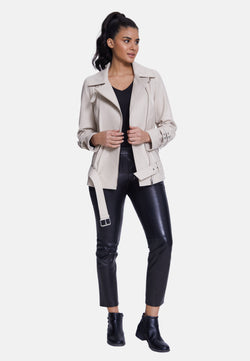 Image of Women's Genuine Leather Belted Biker Jacket,Nappa Beige