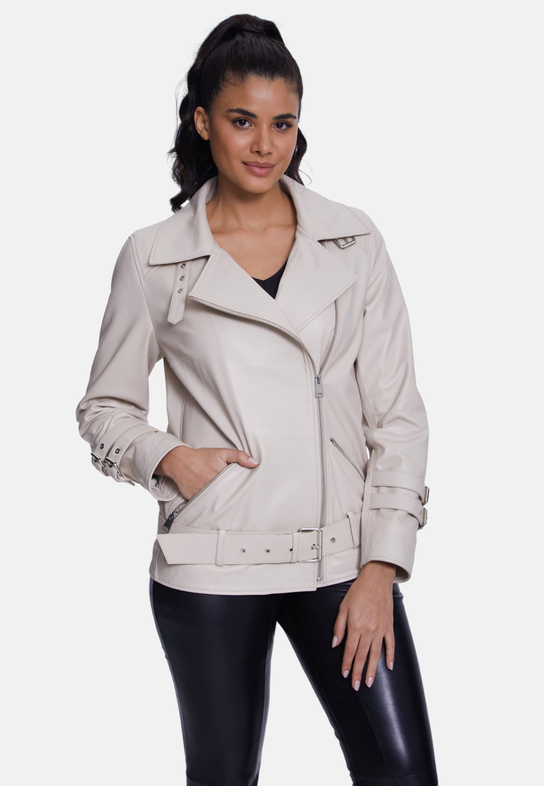 Women's Genuine Leather Belted Biker Jacket,Nappa Beige