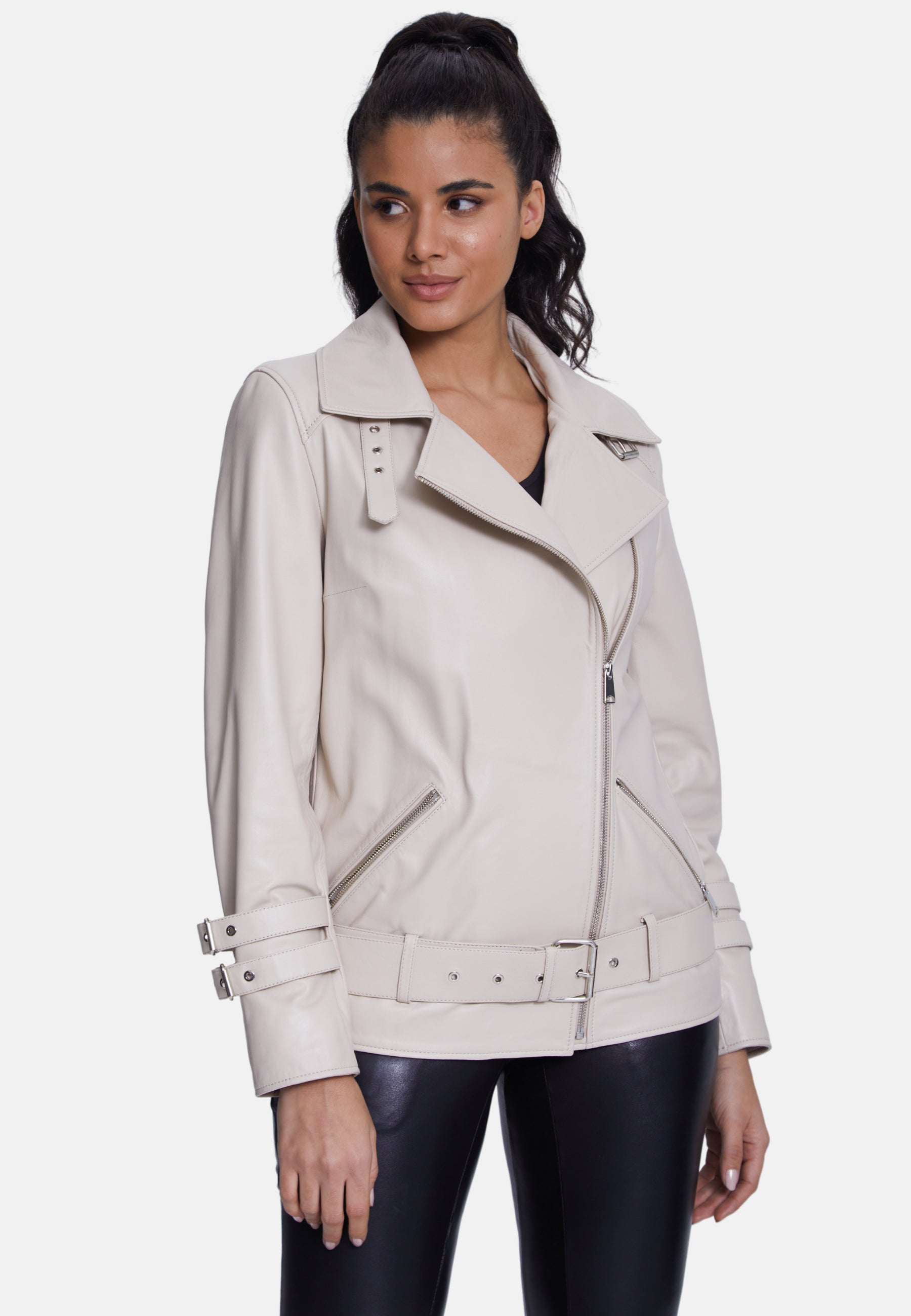 Women's Genuine Leather Belted Biker Jacket,Nappa Beige