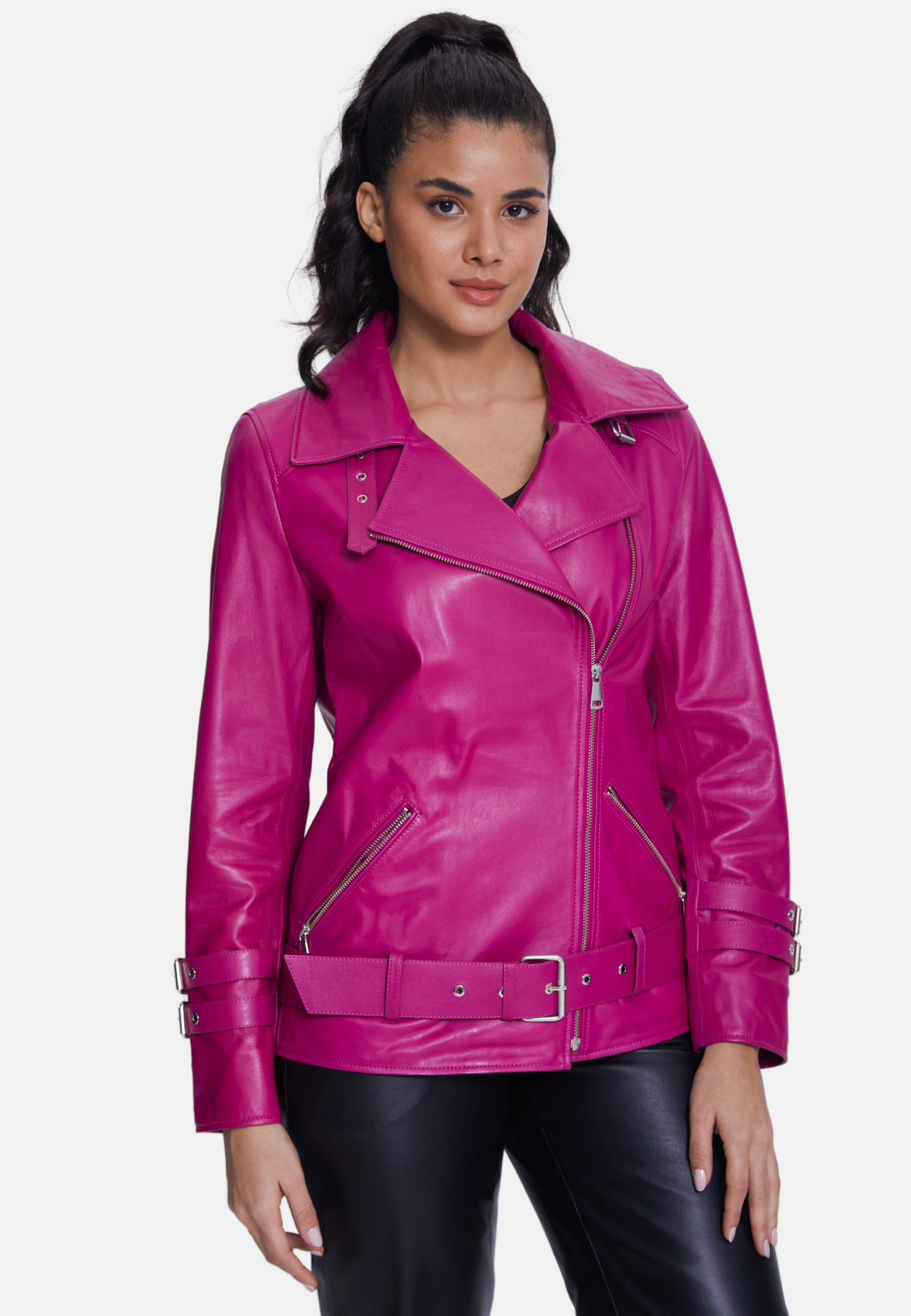 Women's Genuine Leather Belted Biker Jacket,Nappa Fuchsia