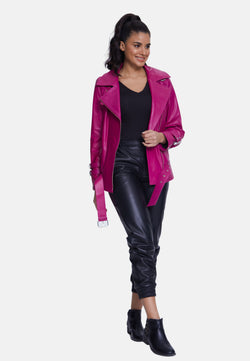 Image of Women's Genuine Leather Belted Biker Jacket,Nappa Fuchsia