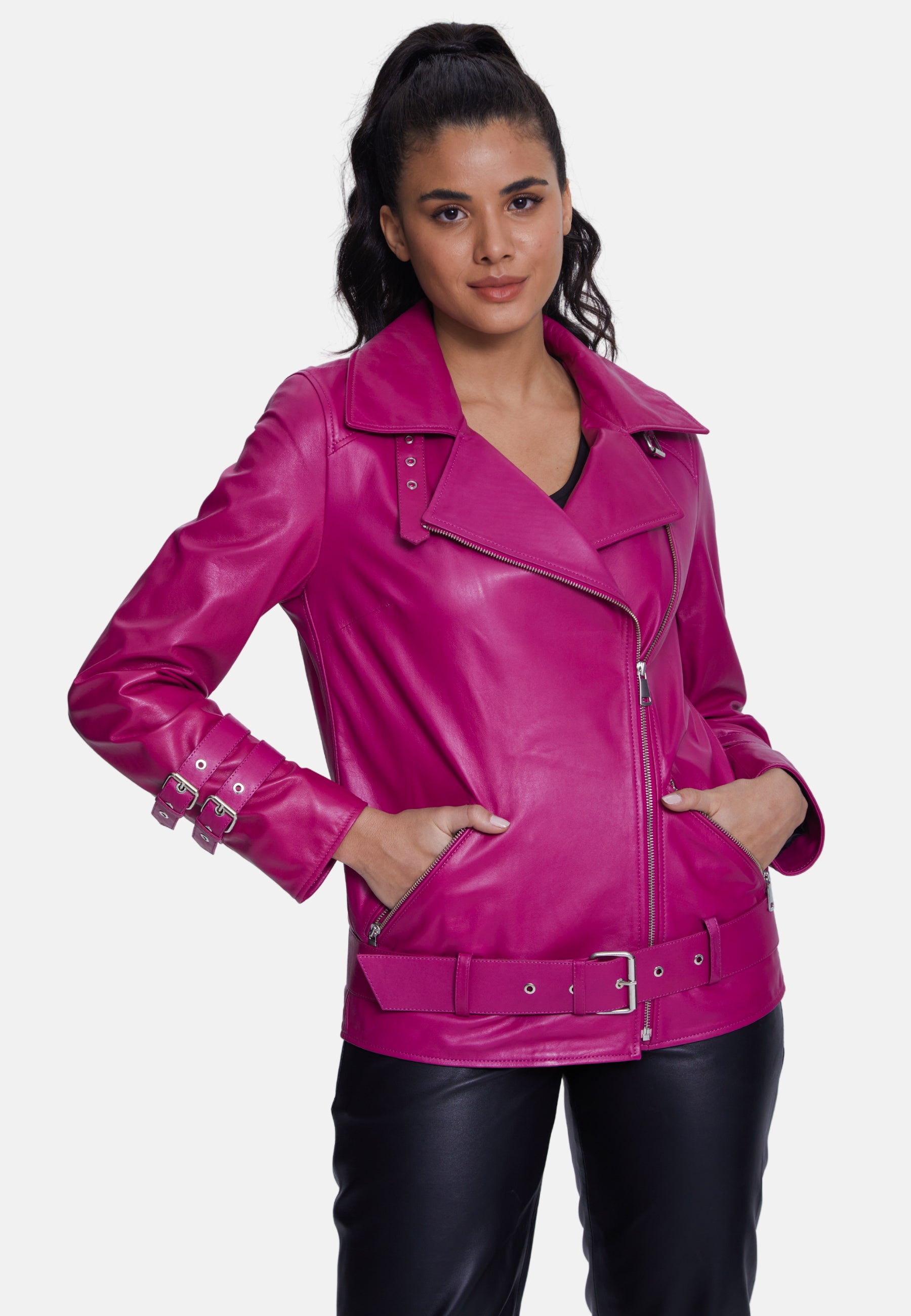 Women's Genuine Leather Belted Biker Jacket,Nappa Fuchsia