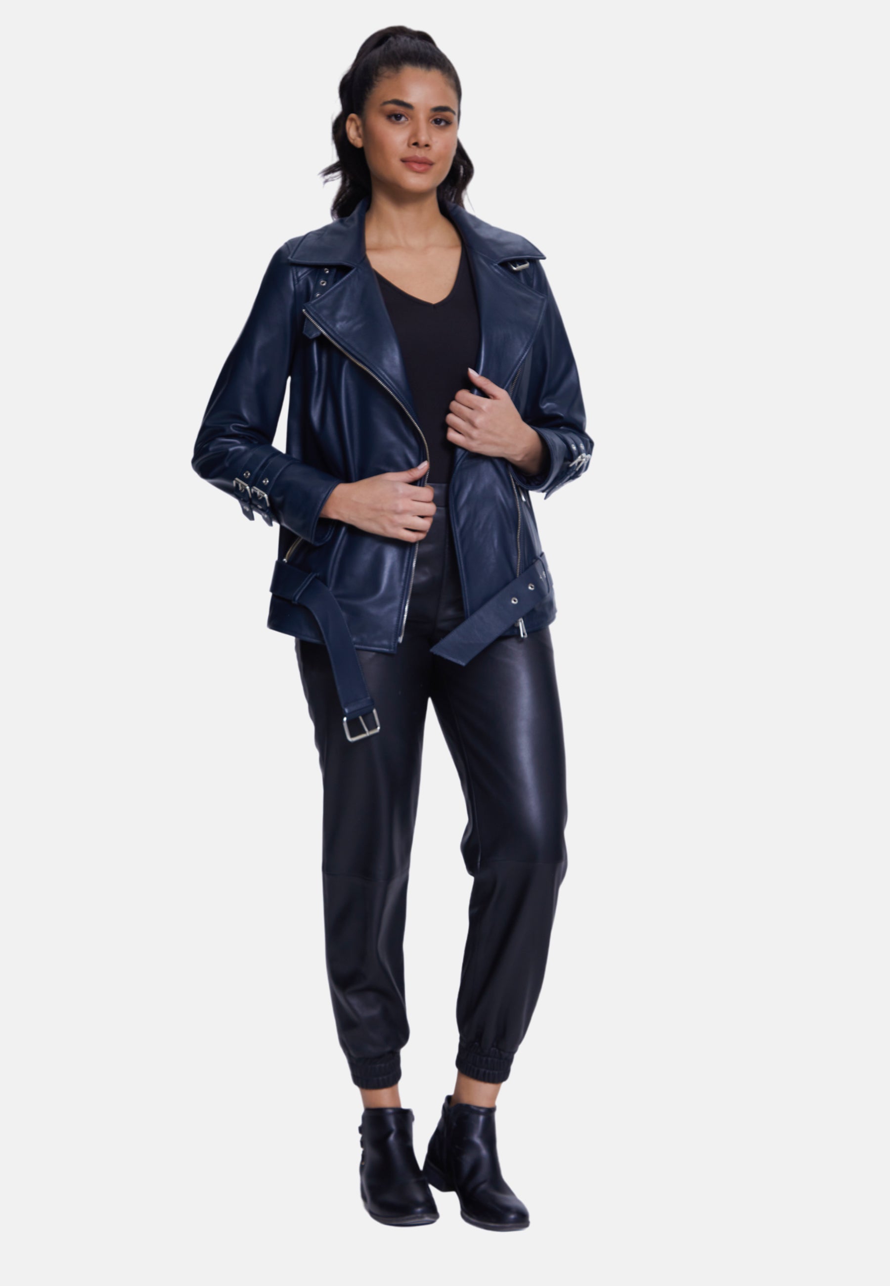 Women's Genuine Leather Belted Biker Jacket,Nappa Navy