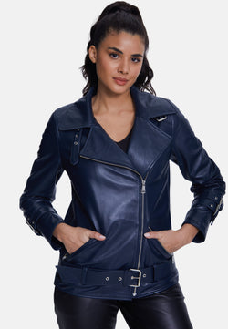 Image of Women's Genuine Leather Belted Biker Jacket,Nappa Navy