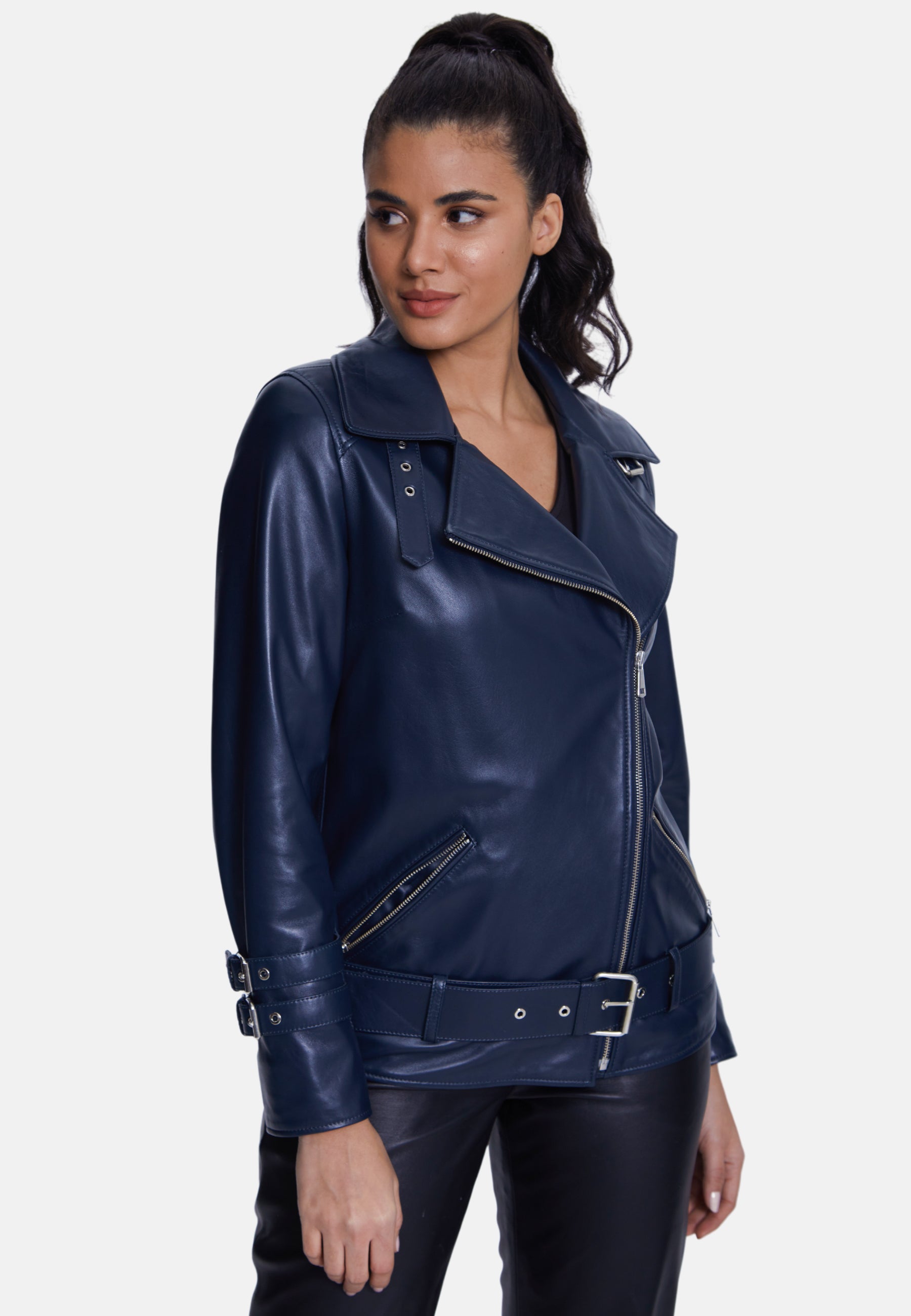 Women's Genuine Leather Belted Biker Jacket,Nappa Navy