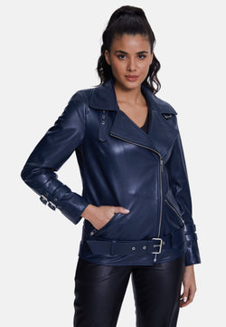 Image of Women's Genuine Leather Belted Biker Jacket,Nappa Navy