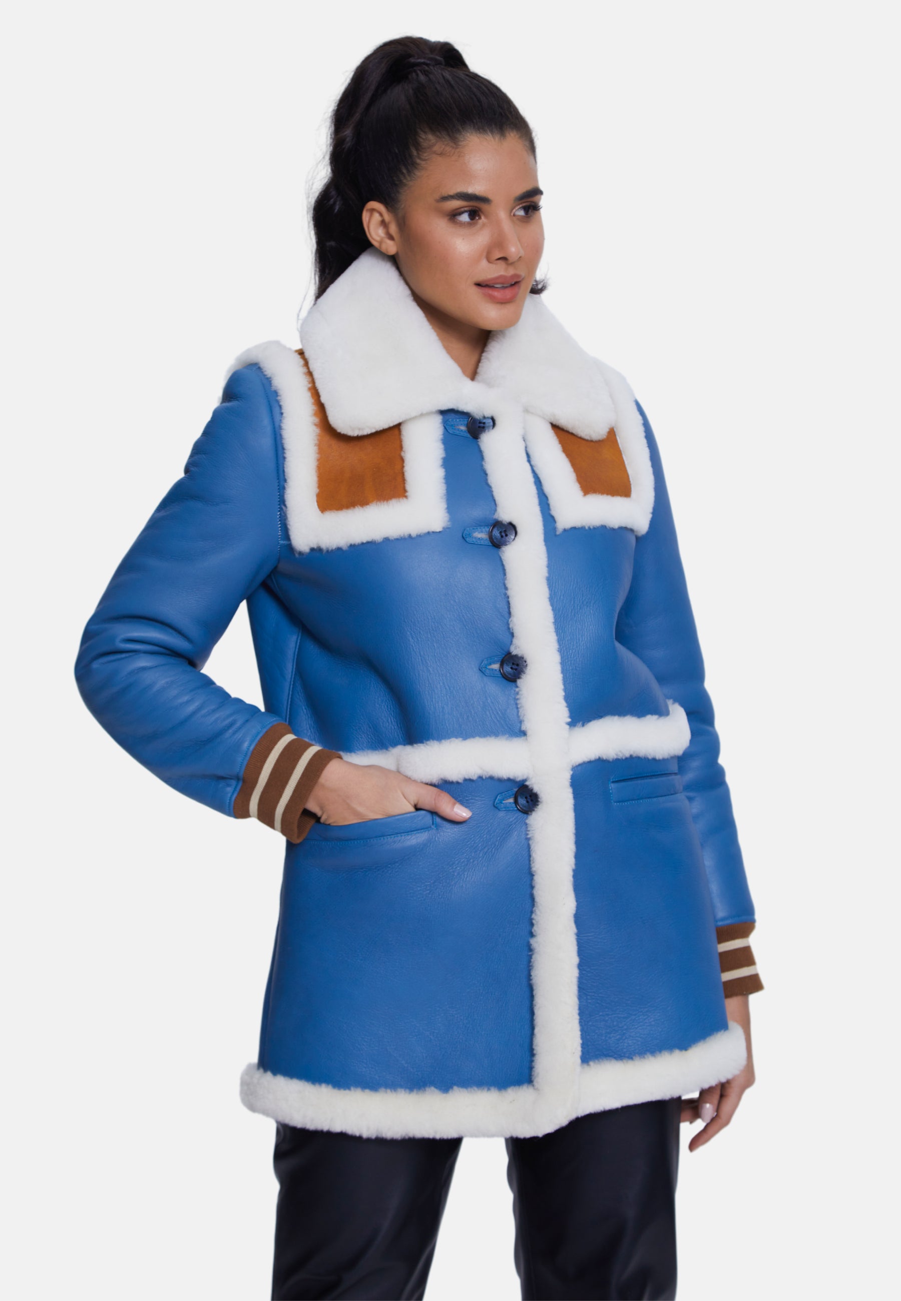 Women's Shearling Jackets, Blue With White Wool