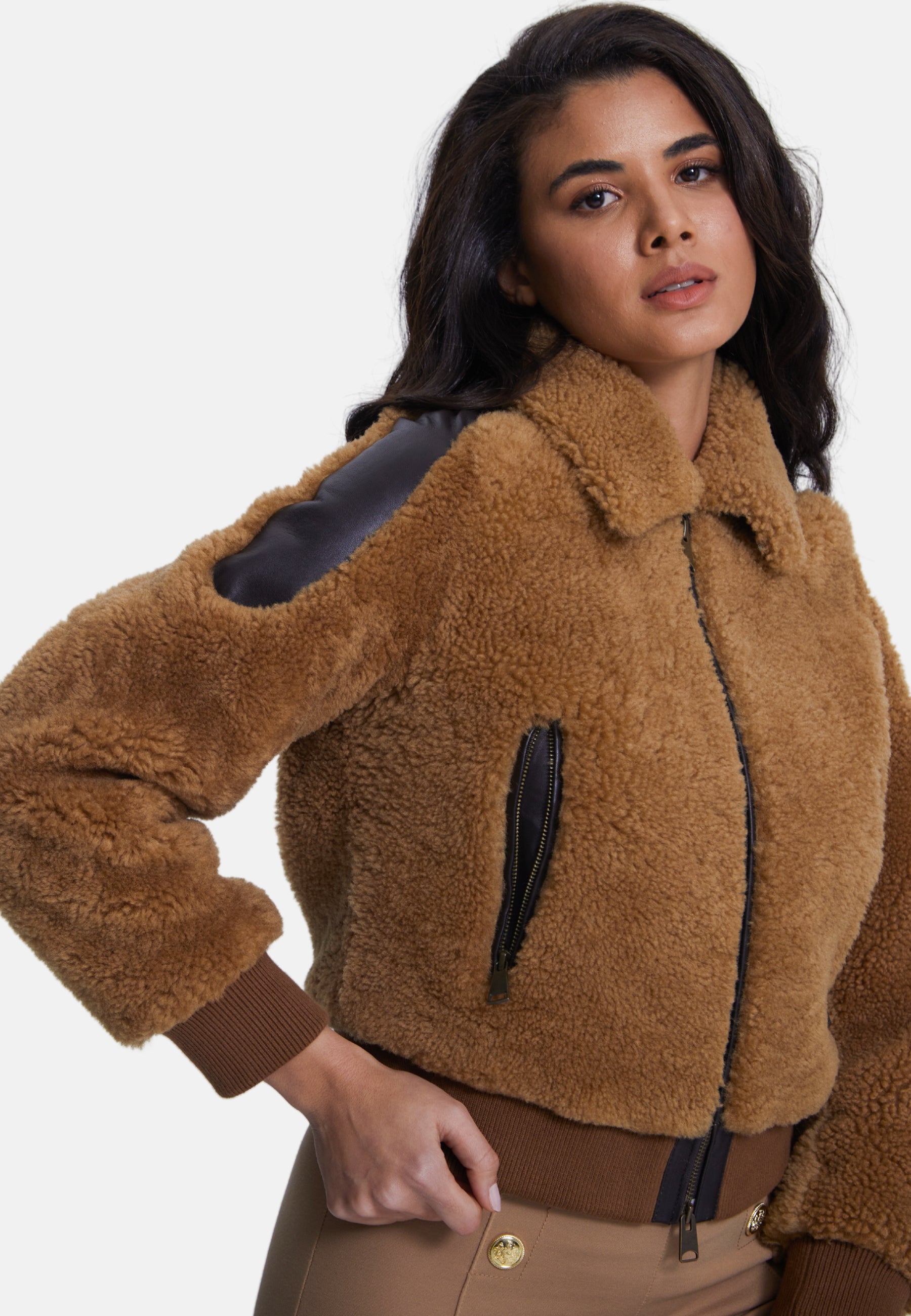 Women's Suede Jacket, Suede Brown With Ginger Curly Wool