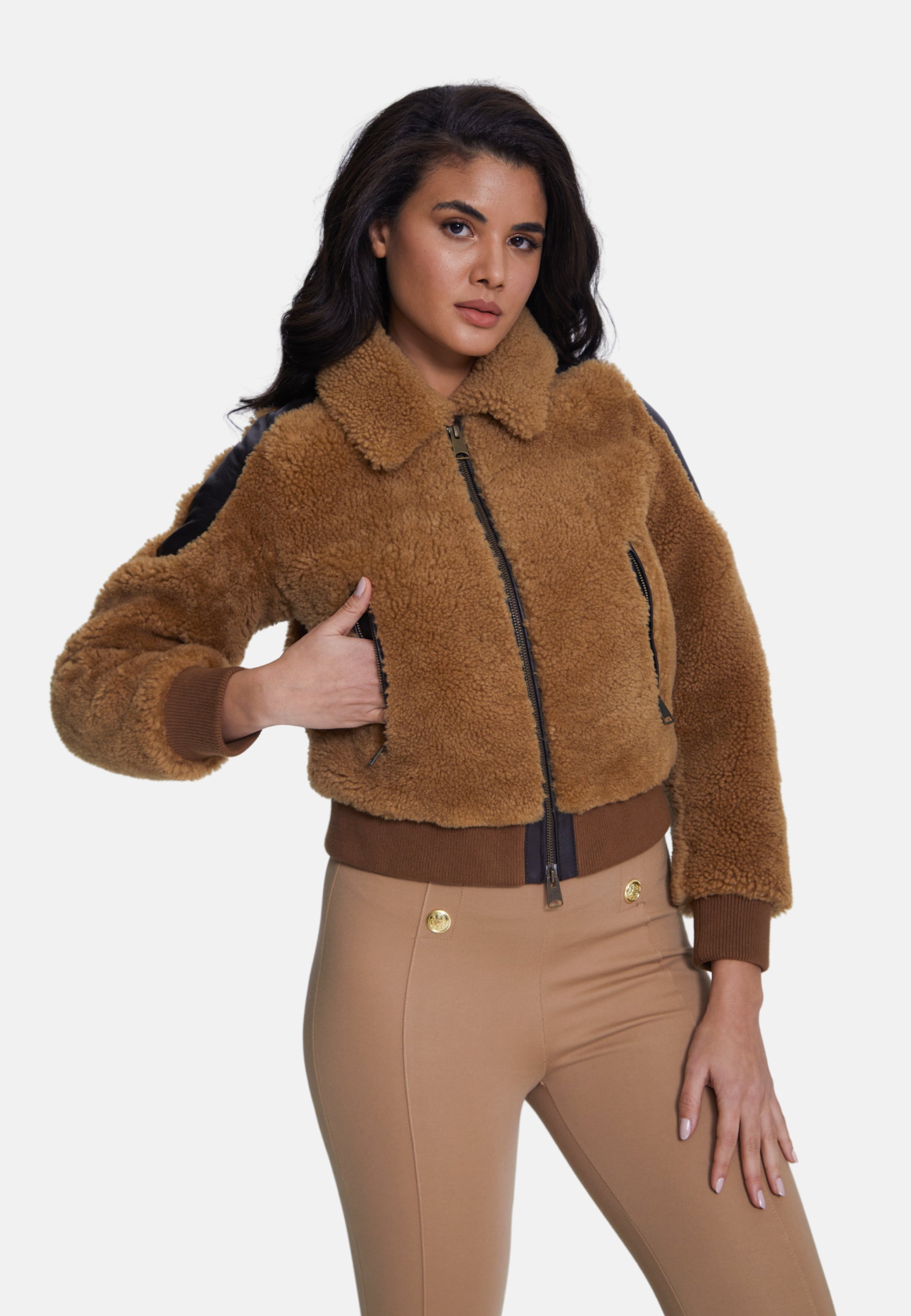 Women's Suede Jacket, Suede Brown With Ginger Curly Wool