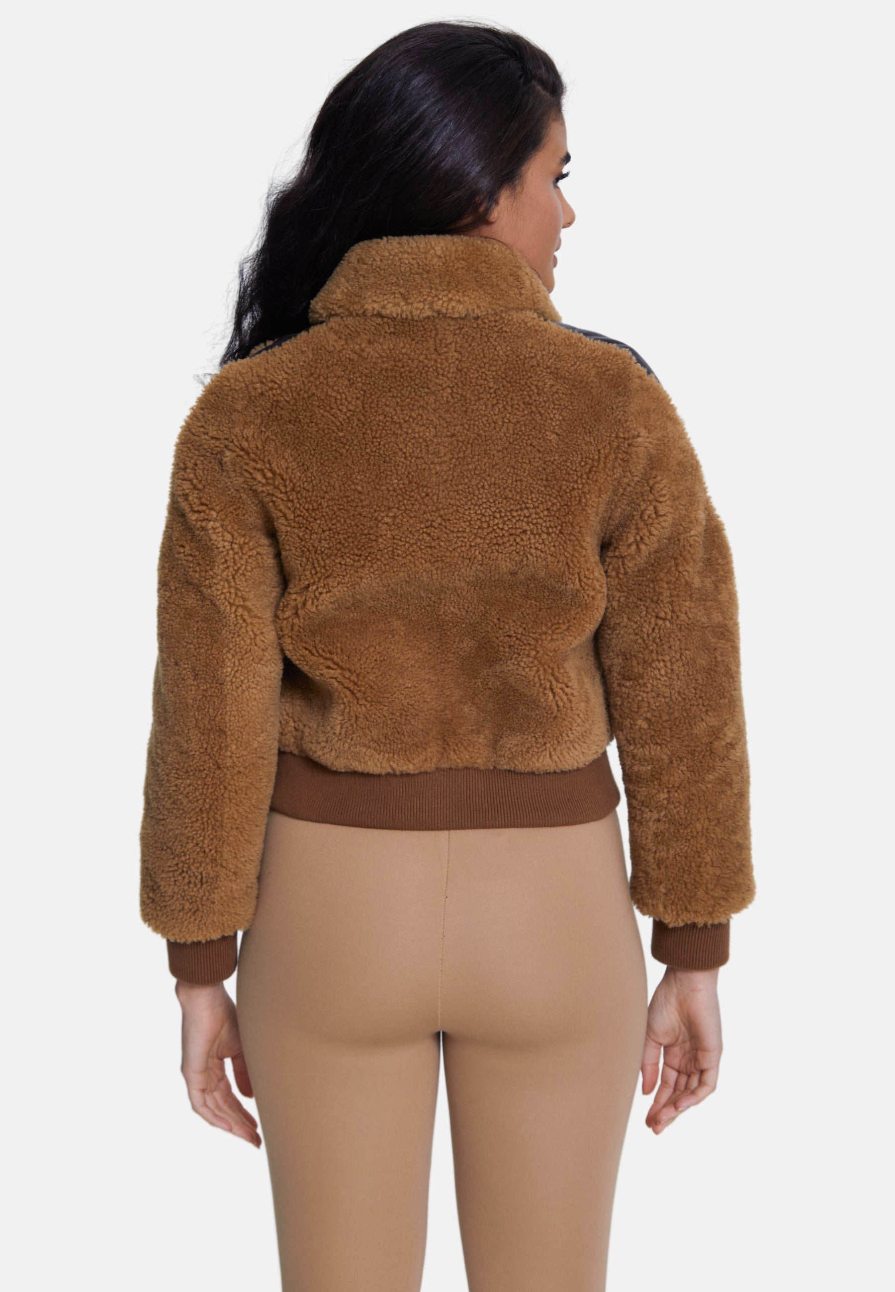 Women's Suede Jacket, Suede Brown With Ginger Curly Wool