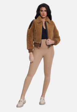 Image of Women's Suede Jacket, Suede Brown With Ginger Curly Wool