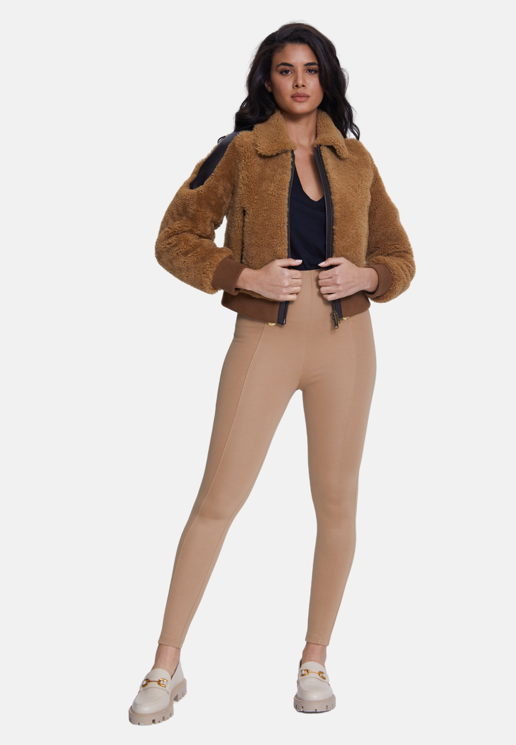 Women's Suede Jacket, Suede Brown With Ginger Curly Wool