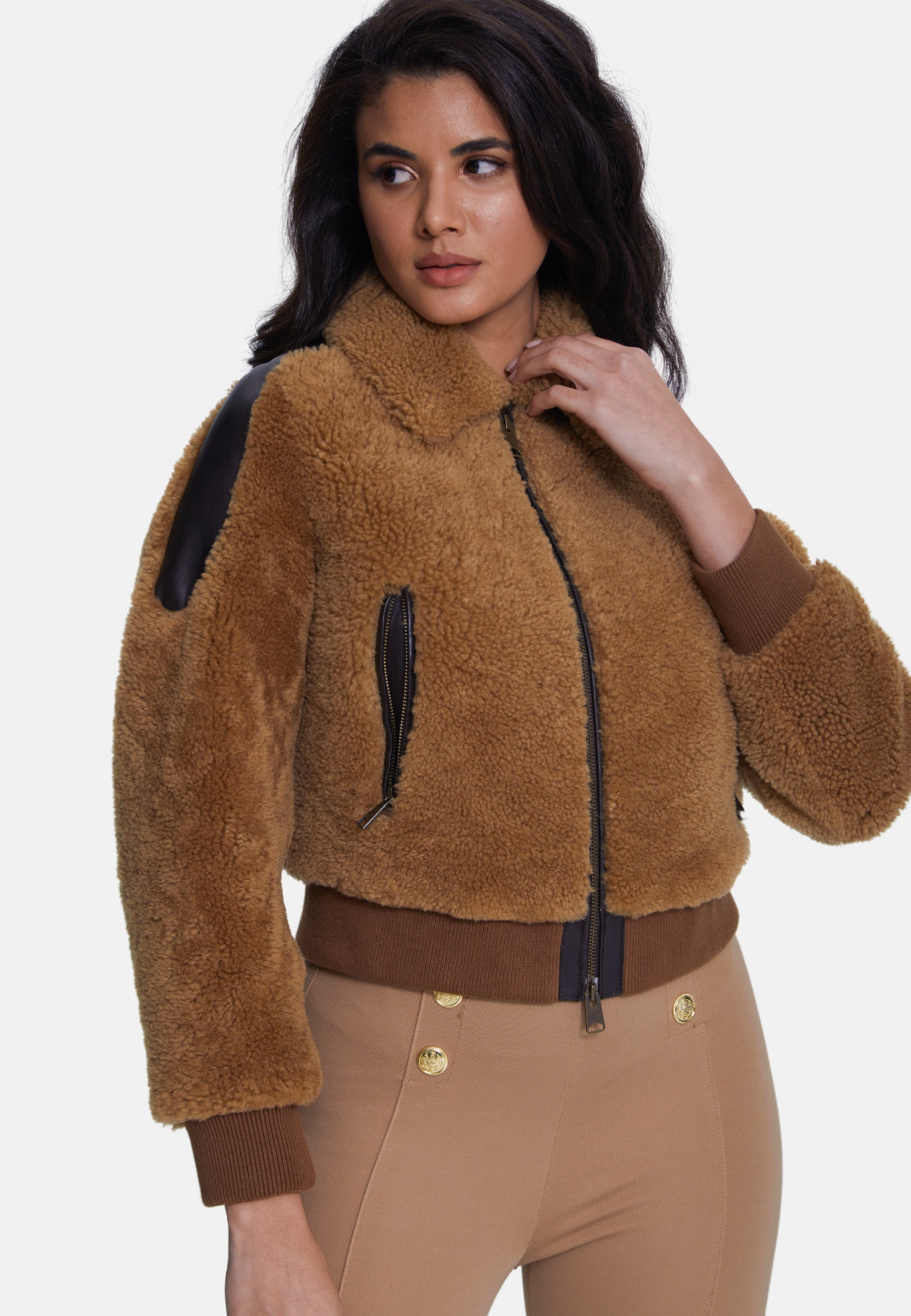 Women's Suede Jacket, Suede Brown With Ginger Curly Wool