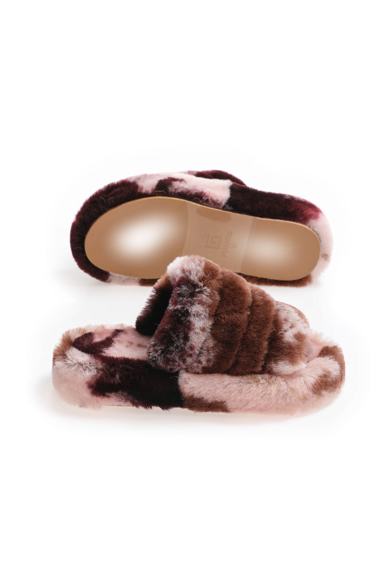 Shearling-pantoffels voor dames, bruine veelkleurige wol