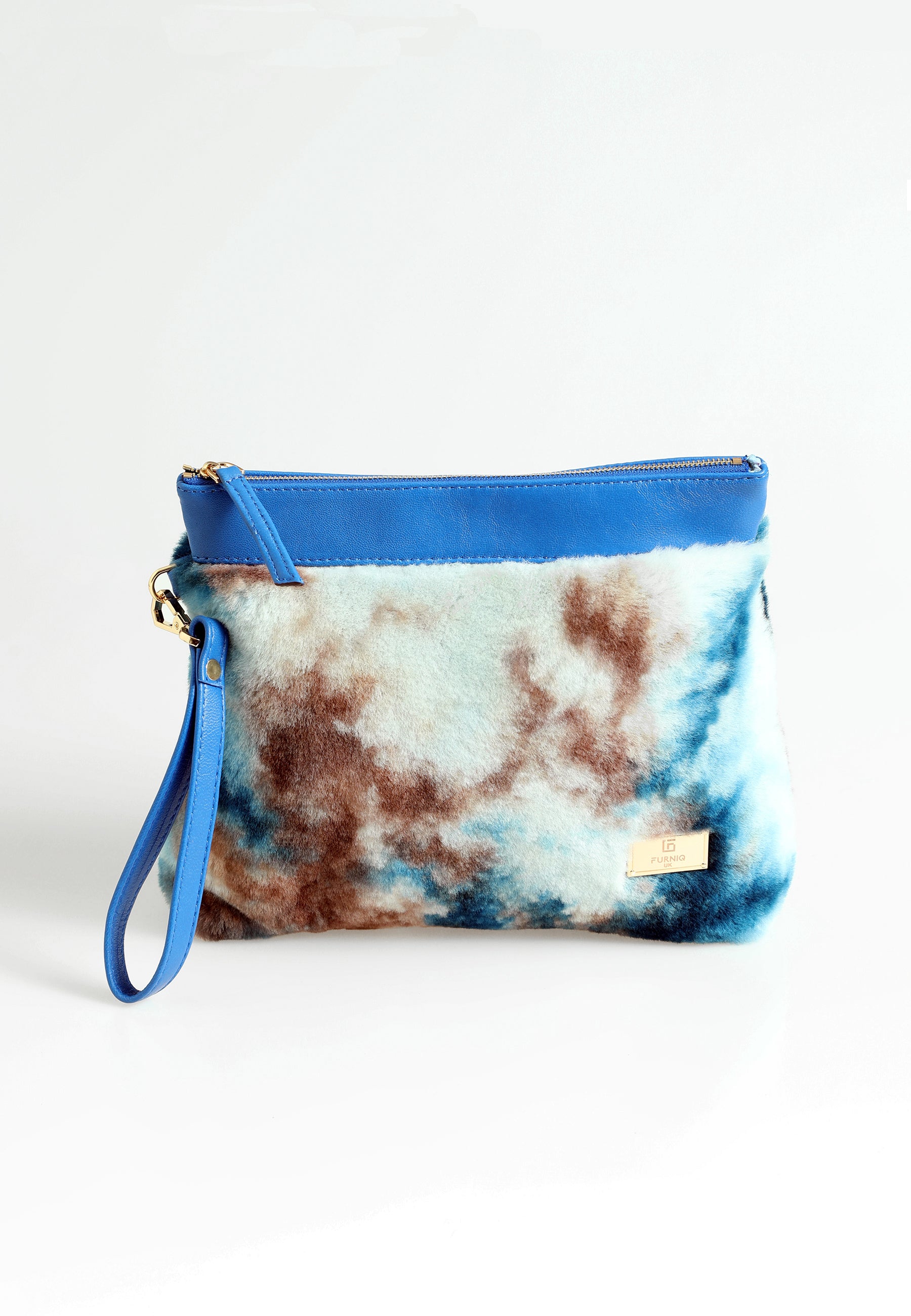 Shearling-clutch voor dames, blauw met blauwe veelkleurige wol