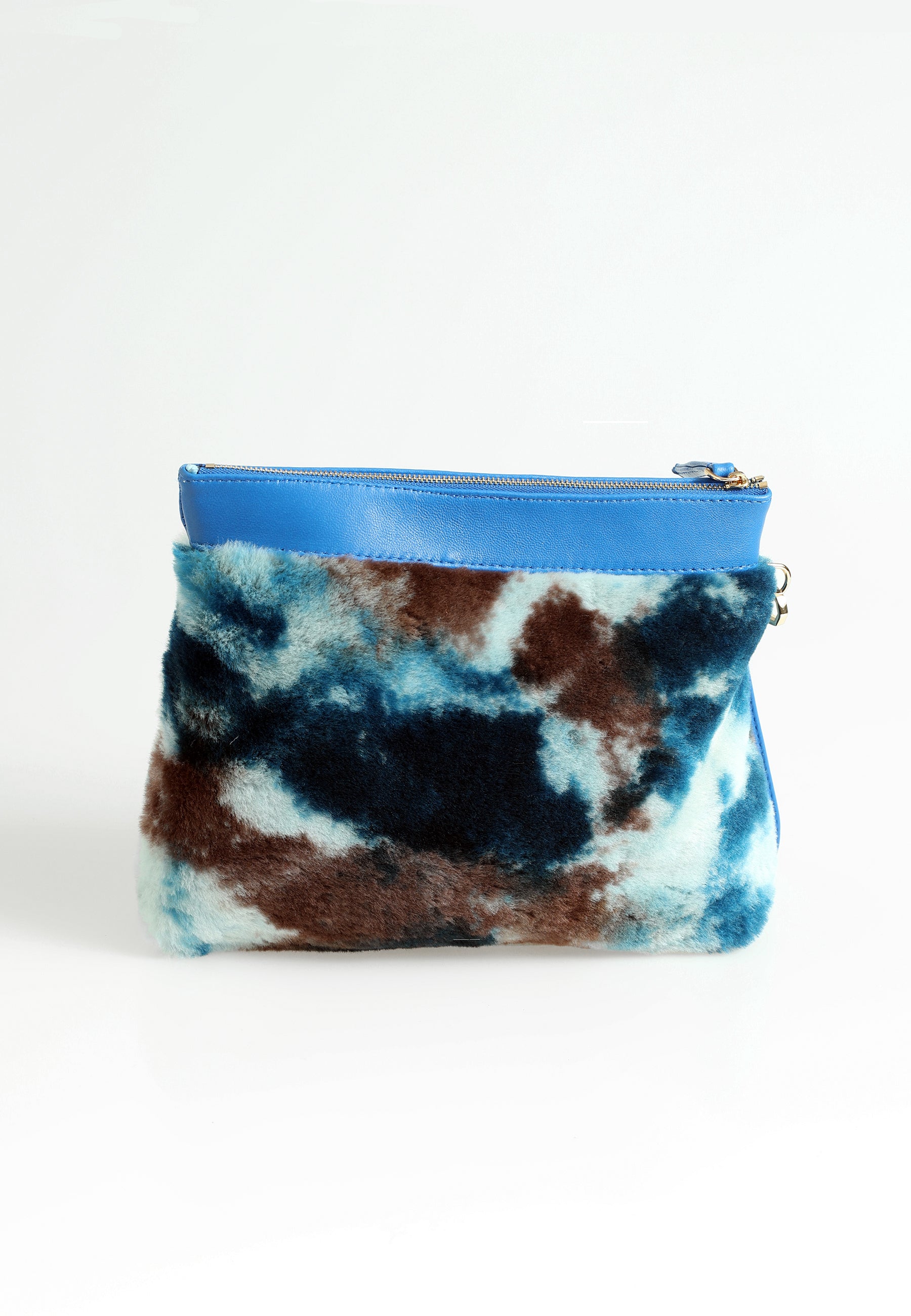 Shearling-clutch voor dames, blauw met blauwe veelkleurige wol