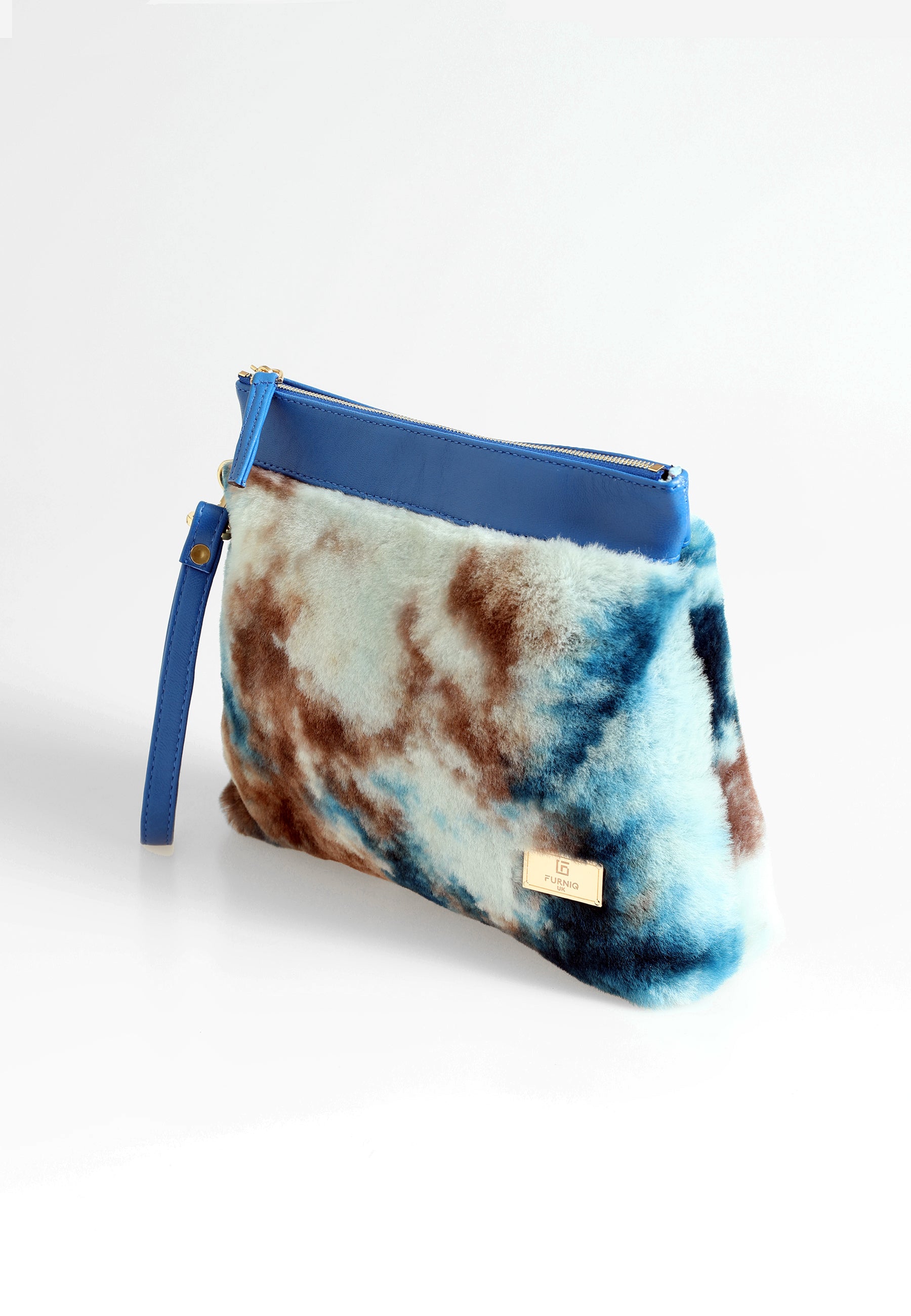 Shearling-clutch voor dames, blauw met blauwe veelkleurige wol