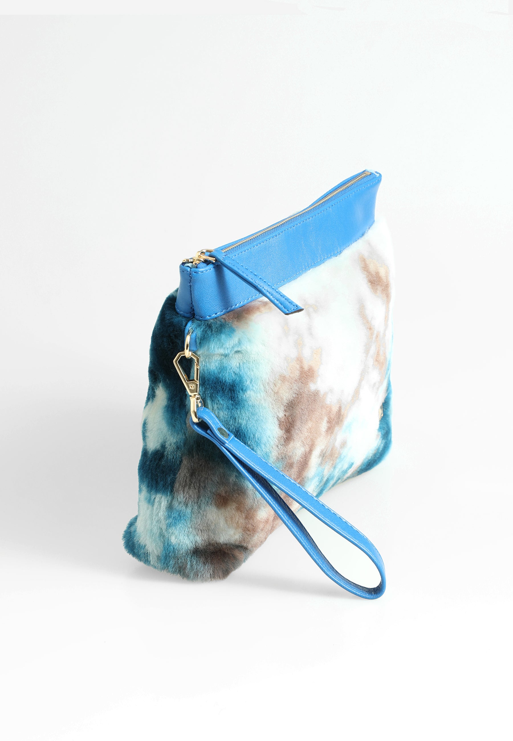 Shearling-clutch voor dames, blauw met blauwe veelkleurige wol