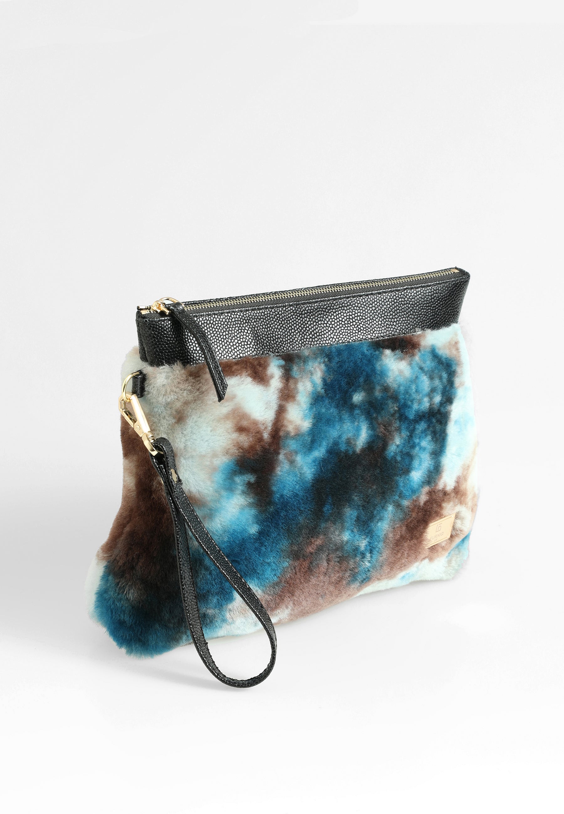 Shearling-clutch voor dames, blauwe veelkleurige wol