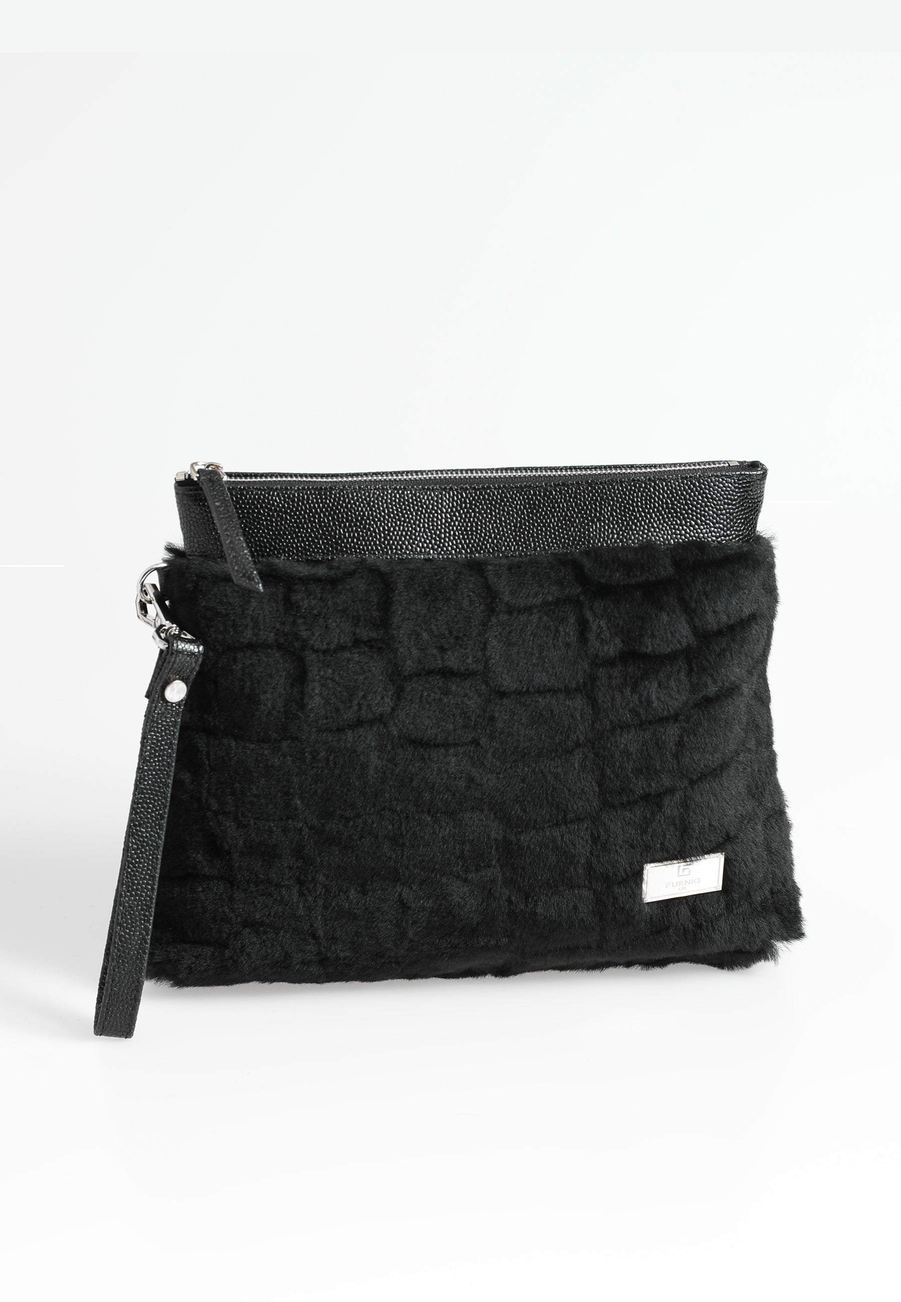 Shearling-clutch voor dames, zwarte wol met patroon