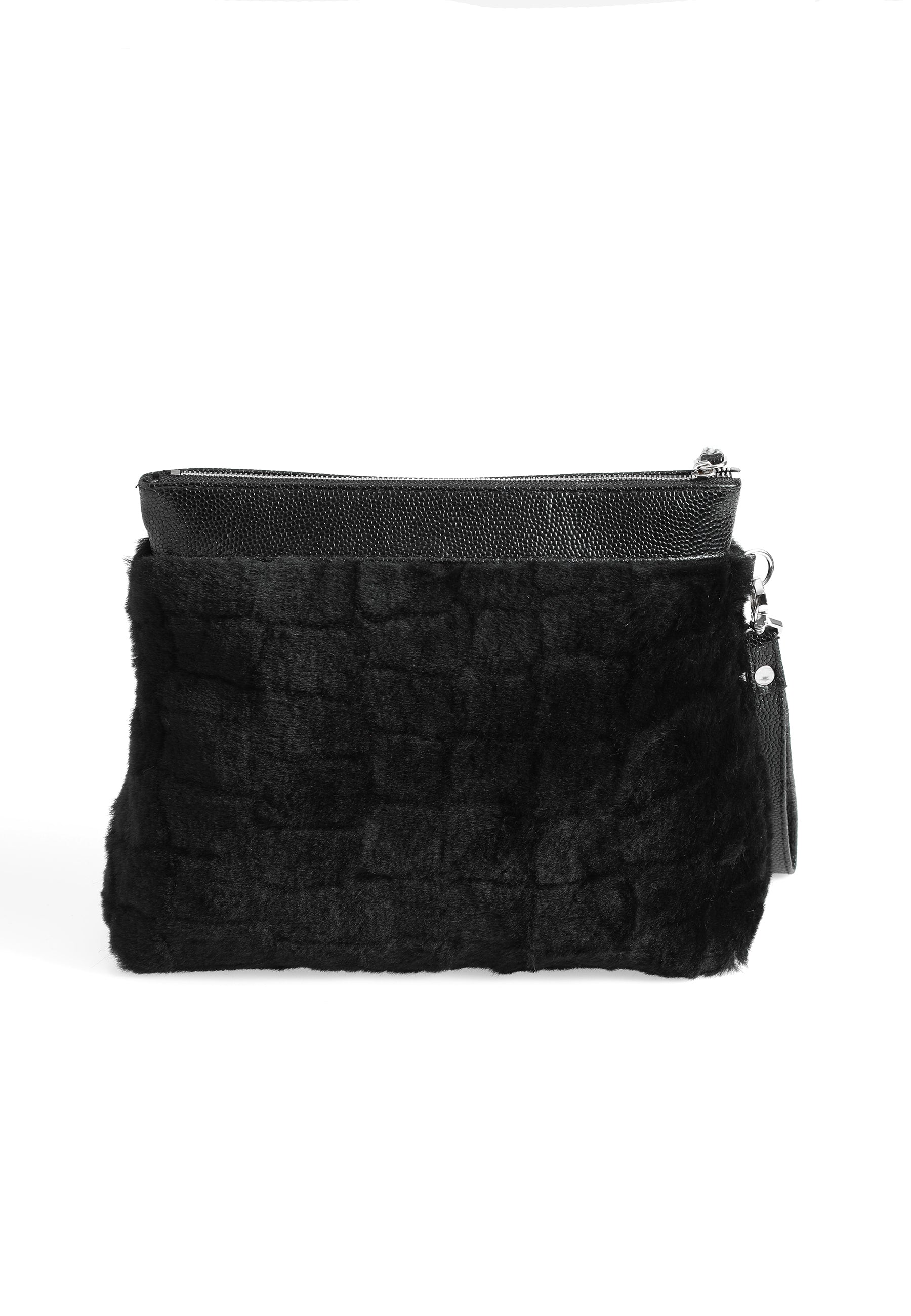 Shearling-clutch voor dames, zwarte wol met patroon