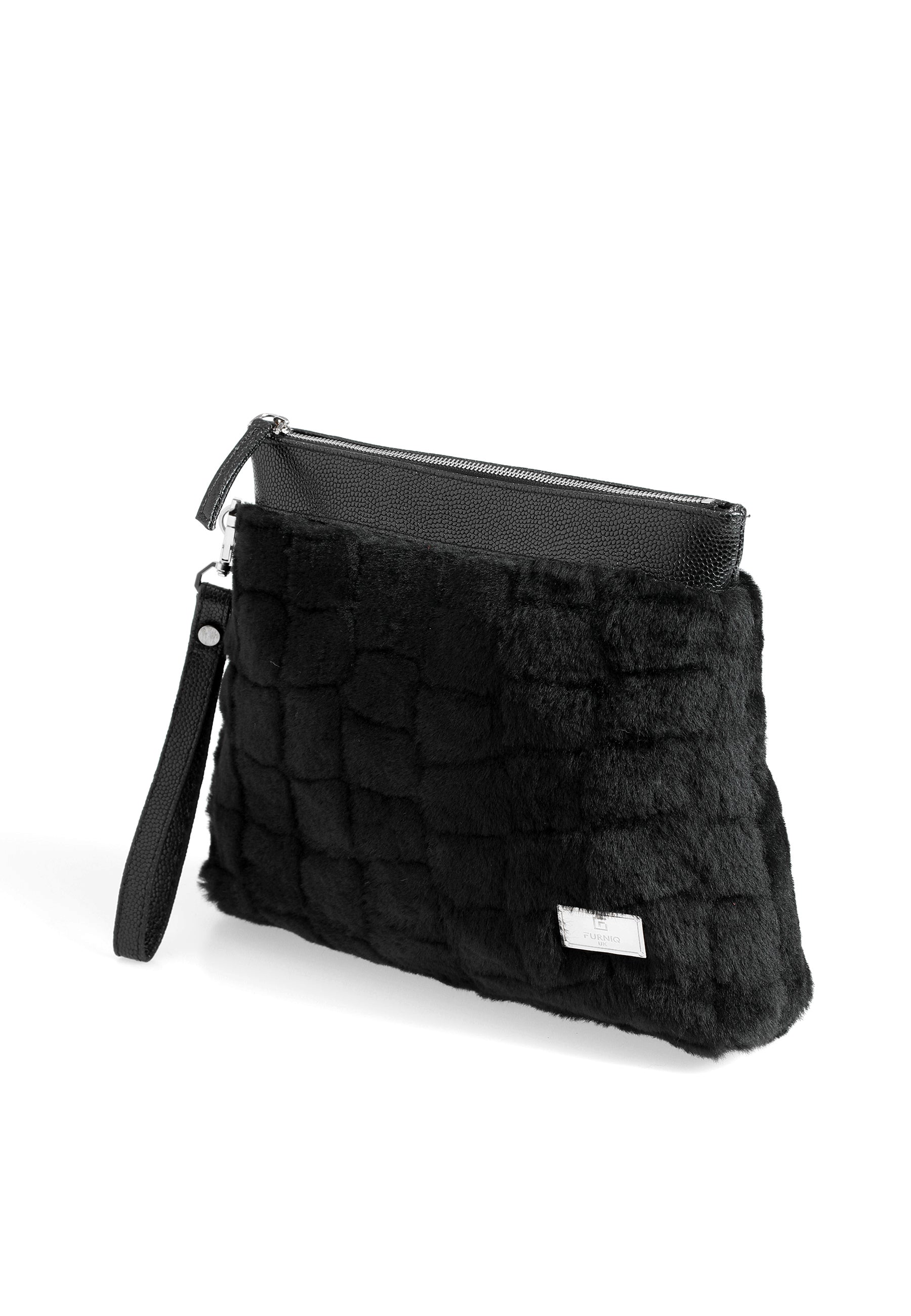 Shearling-clutch voor dames, zwarte wol met patroon