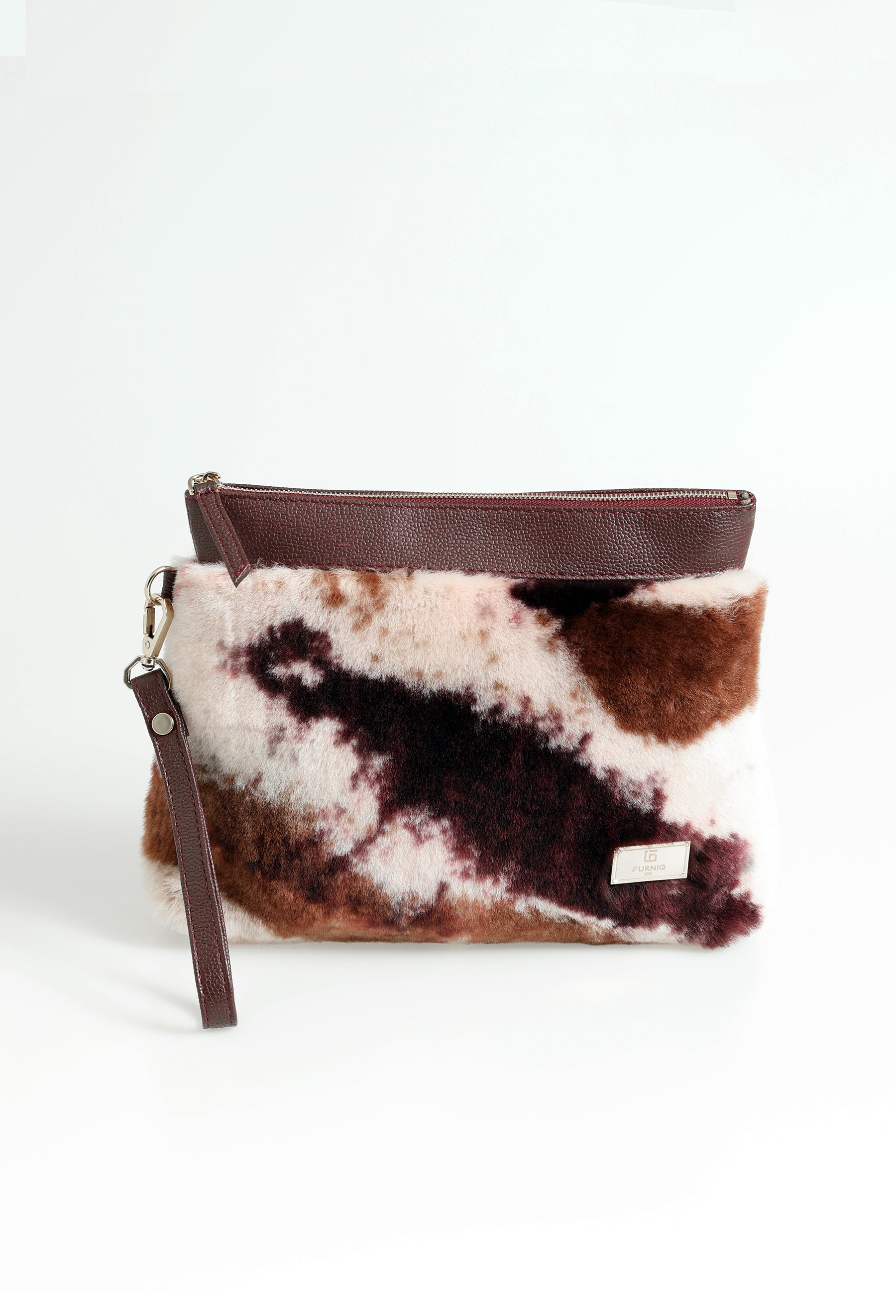 Shearling-clutch voor dames, bordeauxrood met bruine veelkleurige wol