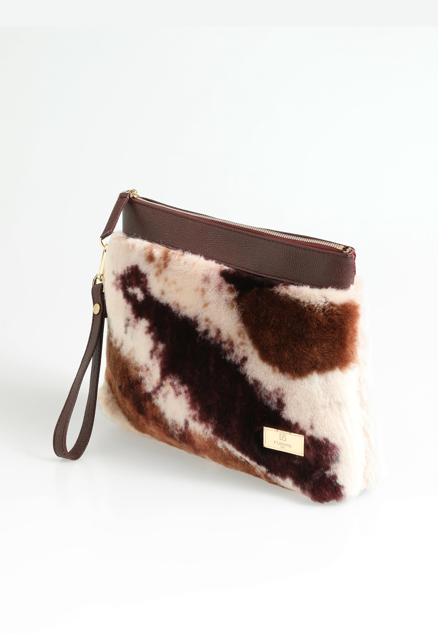 Shearling-clutch voor dames, bordeauxrood met bruine veelkleurige wol