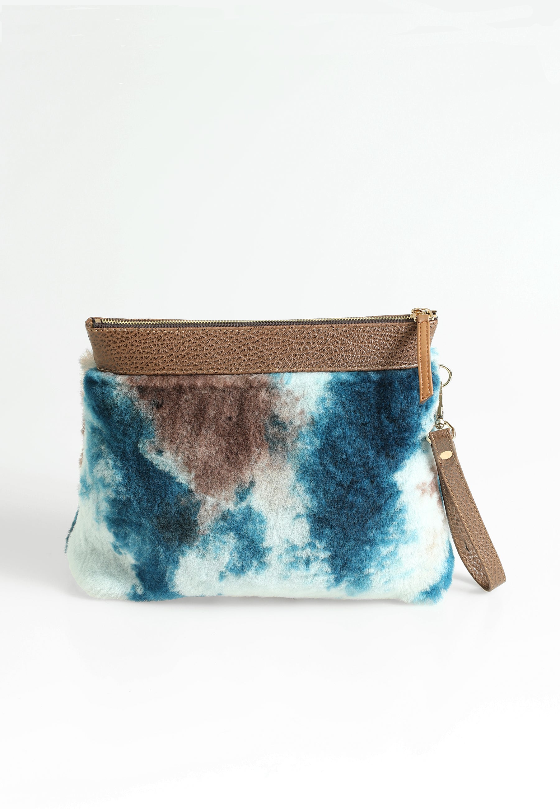 Shearling-clutch voor dames, bruin met blauwe veelkleurige wol